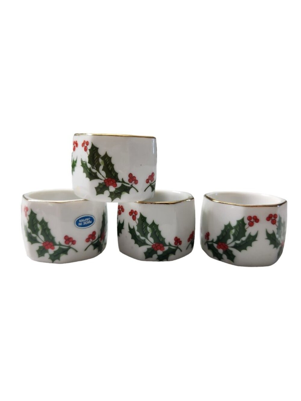Christmas Holiday Holly Gold Trim Porcelain Napkin Ring Set of 4 Made in Japan